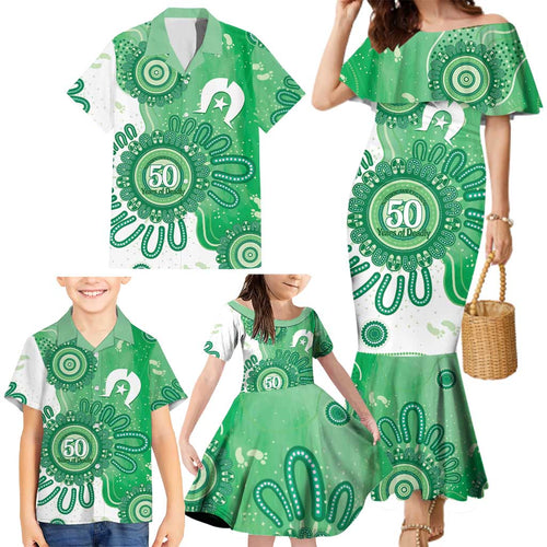 NAIDOC Week 2026 Family Matching Mermaid Dress and Hawaiian Shirt 50 Years Deadly Dhari Green Aboriginal Art