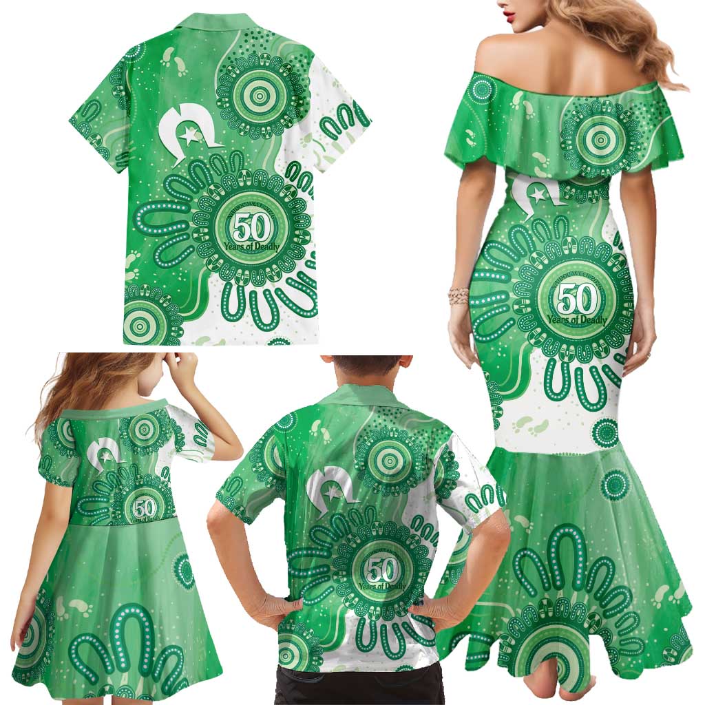 NAIDOC Week 2026 Family Matching Mermaid Dress and Hawaiian Shirt 50 Years Deadly Dhari Green Aboriginal Art