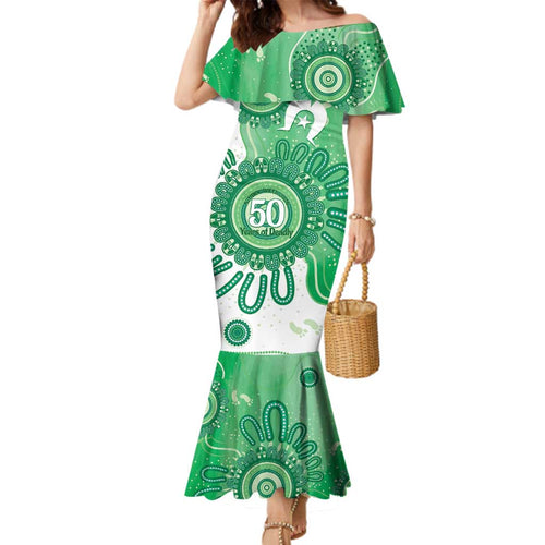 NAIDOC Week 2026 Family Matching Mermaid Dress and Hawaiian Shirt 50 Years Deadly Dhari Green Aboriginal Art