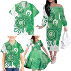 NAIDOC Week 2026 Family Matching Off The Shoulder Long Sleeve Dress and Hawaiian Shirt 50 Years Deadly Dhari Green Aboriginal Art