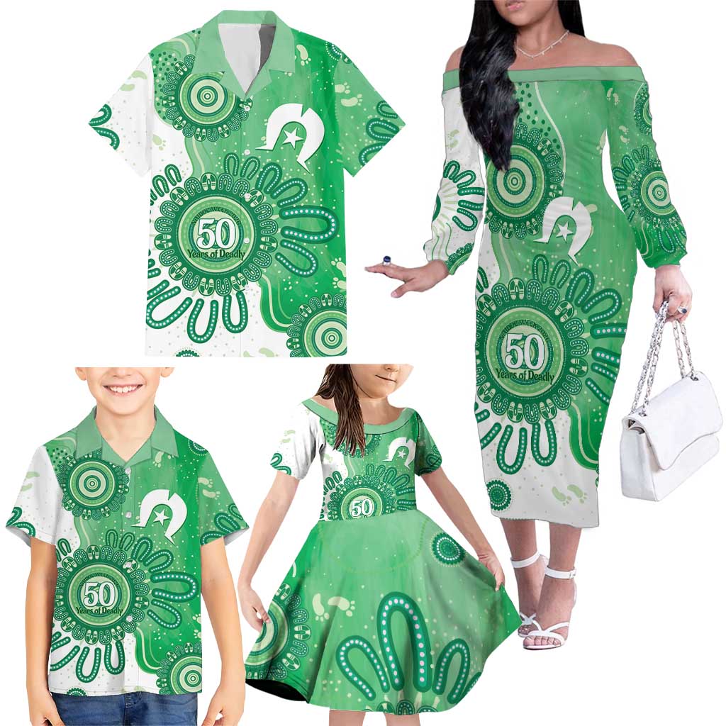 NAIDOC Week 2026 Family Matching Off The Shoulder Long Sleeve Dress and Hawaiian Shirt 50 Years Deadly Dhari Green Aboriginal Art