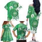 NAIDOC Week 2026 Family Matching Off The Shoulder Long Sleeve Dress and Hawaiian Shirt 50 Years Deadly Dhari Green Aboriginal Art