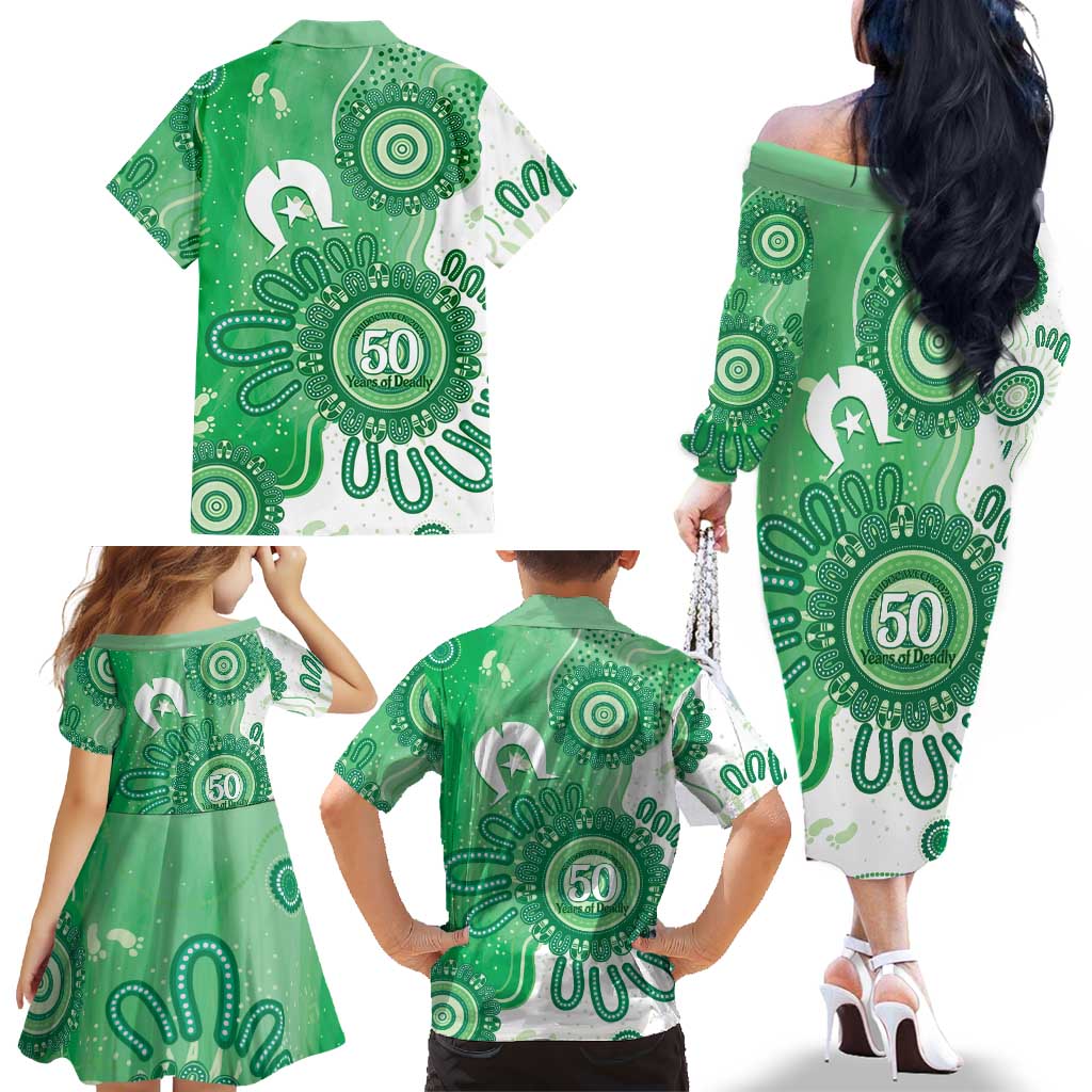 NAIDOC Week 2026 Family Matching Off The Shoulder Long Sleeve Dress and Hawaiian Shirt 50 Years Deadly Dhari Green Aboriginal Art