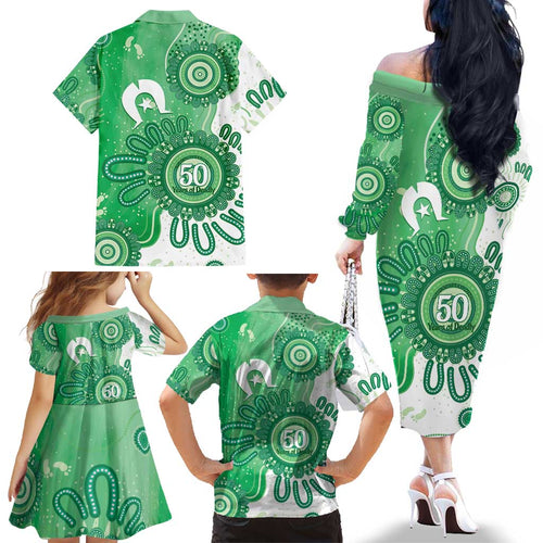 NAIDOC Week 2026 Family Matching Off The Shoulder Long Sleeve Dress and Hawaiian Shirt 50 Years Deadly Dhari Green Aboriginal Art
