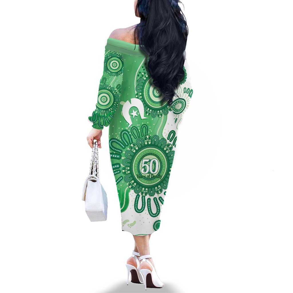 NAIDOC Week 2026 Family Matching Off The Shoulder Long Sleeve Dress and Hawaiian Shirt 50 Years Deadly Dhari Green Aboriginal Art