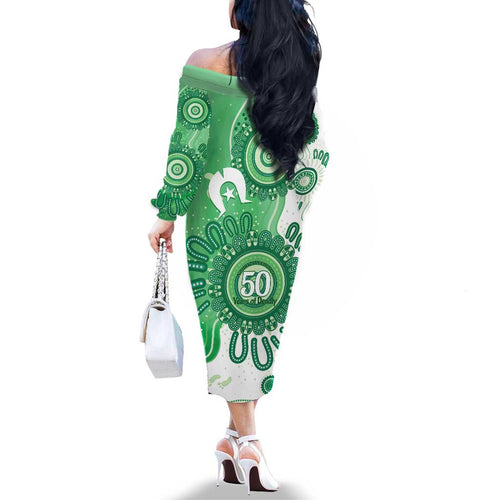 NAIDOC Week 2026 Family Matching Off The Shoulder Long Sleeve Dress and Hawaiian Shirt 50 Years Deadly Dhari Green Aboriginal Art
