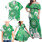 NAIDOC Week 2026 Family Matching Off Shoulder Maxi Dress and Hawaiian Shirt 50 Years Deadly Dhari Green Aboriginal Art