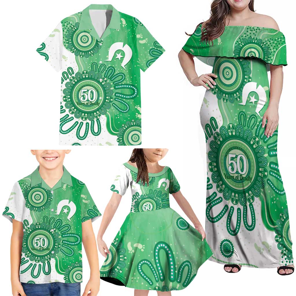 NAIDOC Week 2026 Family Matching Off Shoulder Maxi Dress and Hawaiian Shirt 50 Years Deadly Dhari Green Aboriginal Art