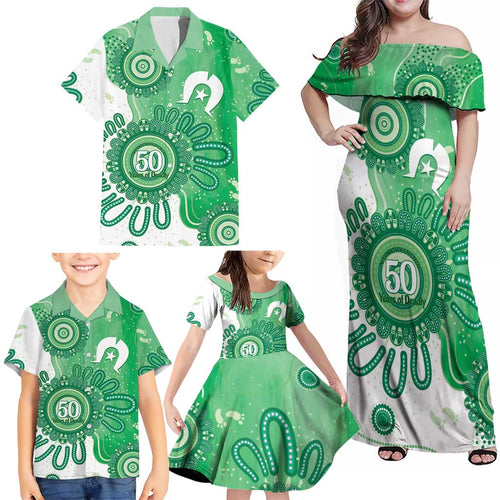 NAIDOC Week 2026 Family Matching Off Shoulder Maxi Dress and Hawaiian Shirt 50 Years Deadly Dhari Green Aboriginal Art