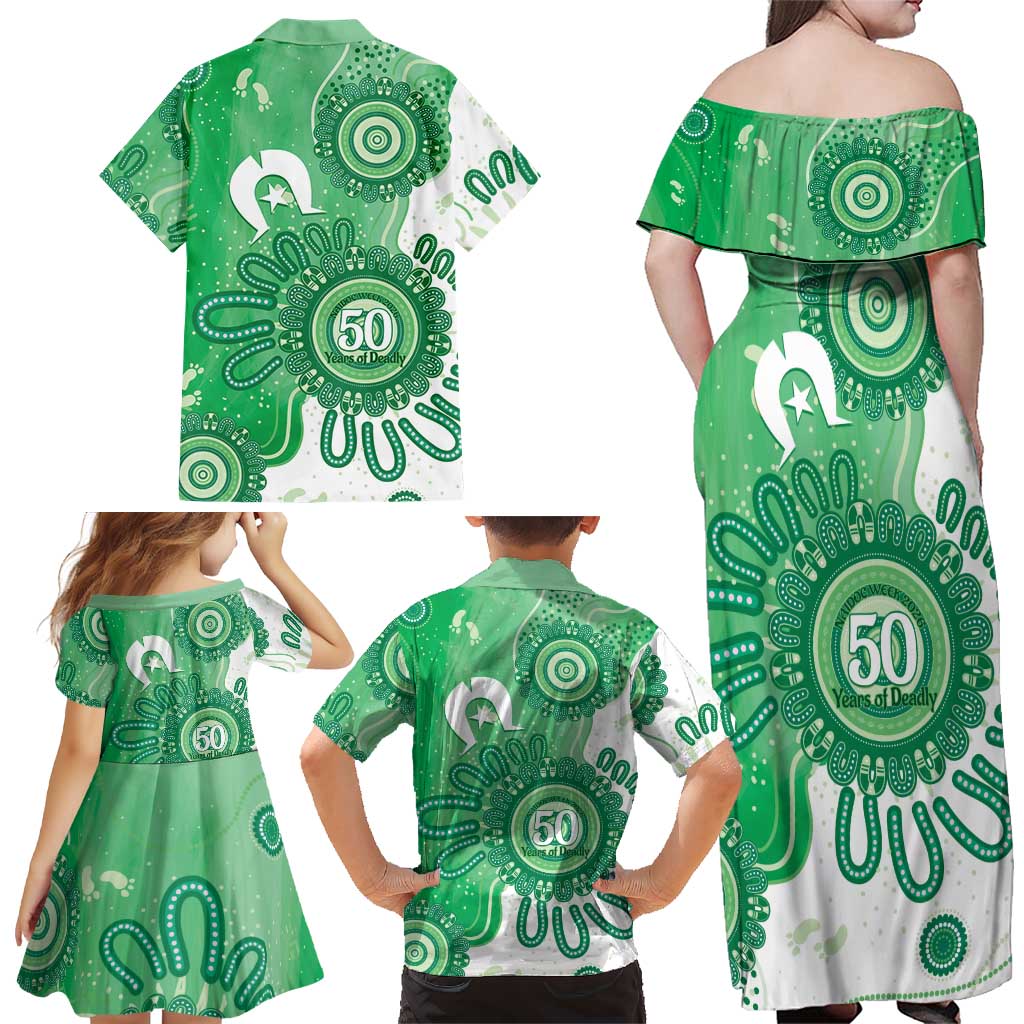 NAIDOC Week 2026 Family Matching Off Shoulder Maxi Dress and Hawaiian Shirt 50 Years Deadly Dhari Green Aboriginal Art