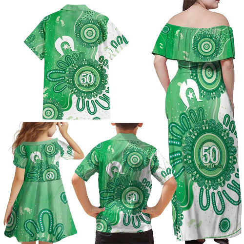 NAIDOC Week 2026 Family Matching Off Shoulder Maxi Dress and Hawaiian Shirt 50 Years Deadly Dhari Green Aboriginal Art
