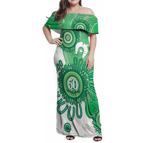 NAIDOC Week 2026 Family Matching Off Shoulder Maxi Dress and Hawaiian Shirt 50 Years Deadly Dhari Green Aboriginal Art