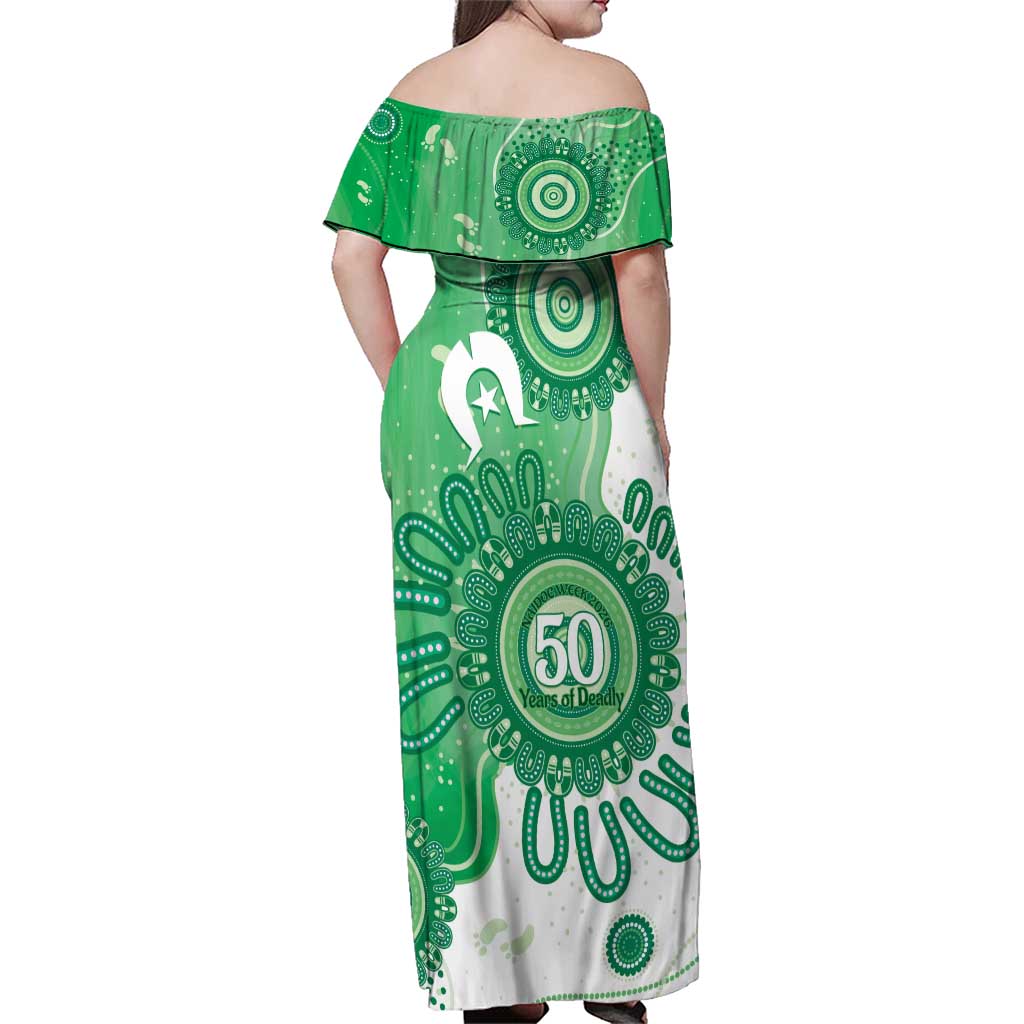 NAIDOC Week 2026 Family Matching Off Shoulder Maxi Dress and Hawaiian Shirt 50 Years Deadly Dhari Green Aboriginal Art