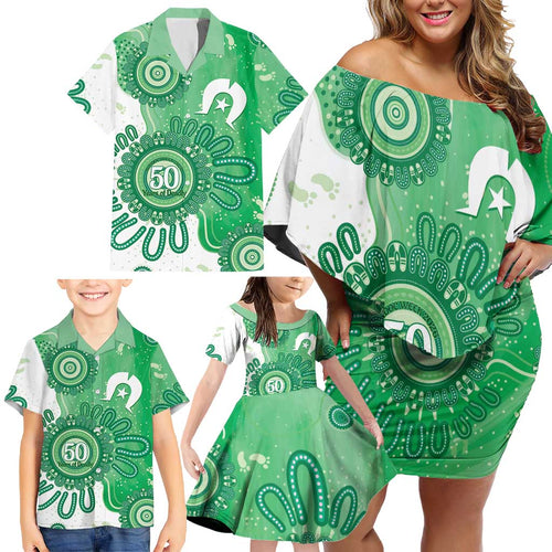 NAIDOC Week 2026 Family Matching Off Shoulder Short Dress and Hawaiian Shirt 50 Years Deadly Dhari Green Aboriginal Art