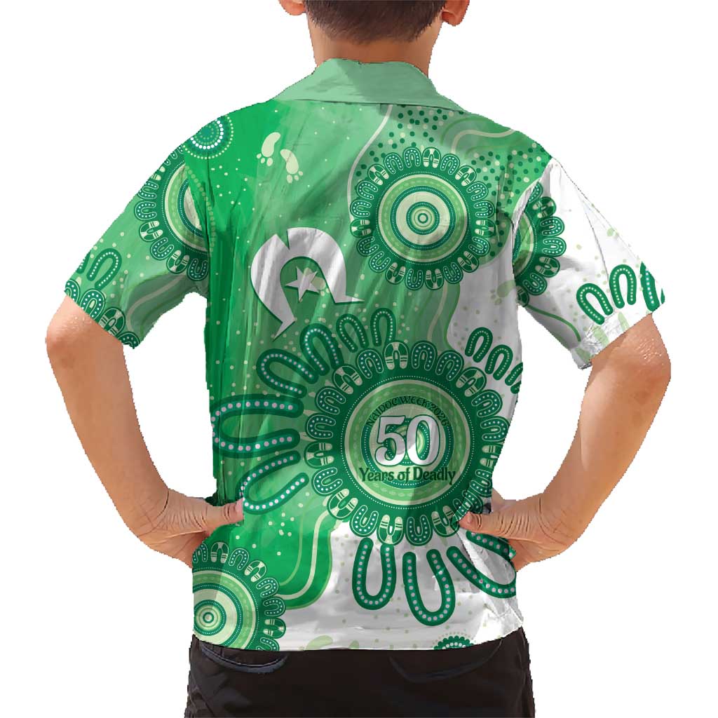 NAIDOC Week 2026 Family Matching Off Shoulder Short Dress and Hawaiian Shirt 50 Years Deadly Dhari Green Aboriginal Art