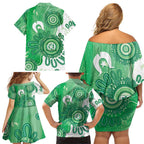NAIDOC Week 2026 Family Matching Off Shoulder Short Dress and Hawaiian Shirt 50 Years Deadly Dhari Green Aboriginal Art