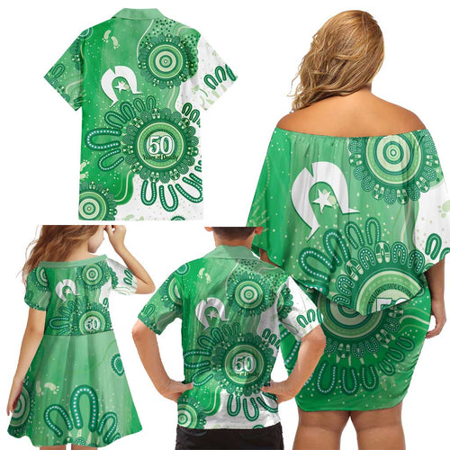 NAIDOC Week 2026 Family Matching Off Shoulder Short Dress and Hawaiian Shirt 50 Years Deadly Dhari Green Aboriginal Art