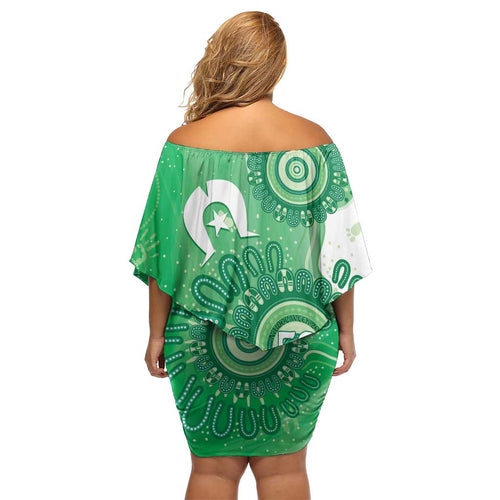 NAIDOC Week 2026 Family Matching Off Shoulder Short Dress and Hawaiian Shirt 50 Years Deadly Dhari Green Aboriginal Art