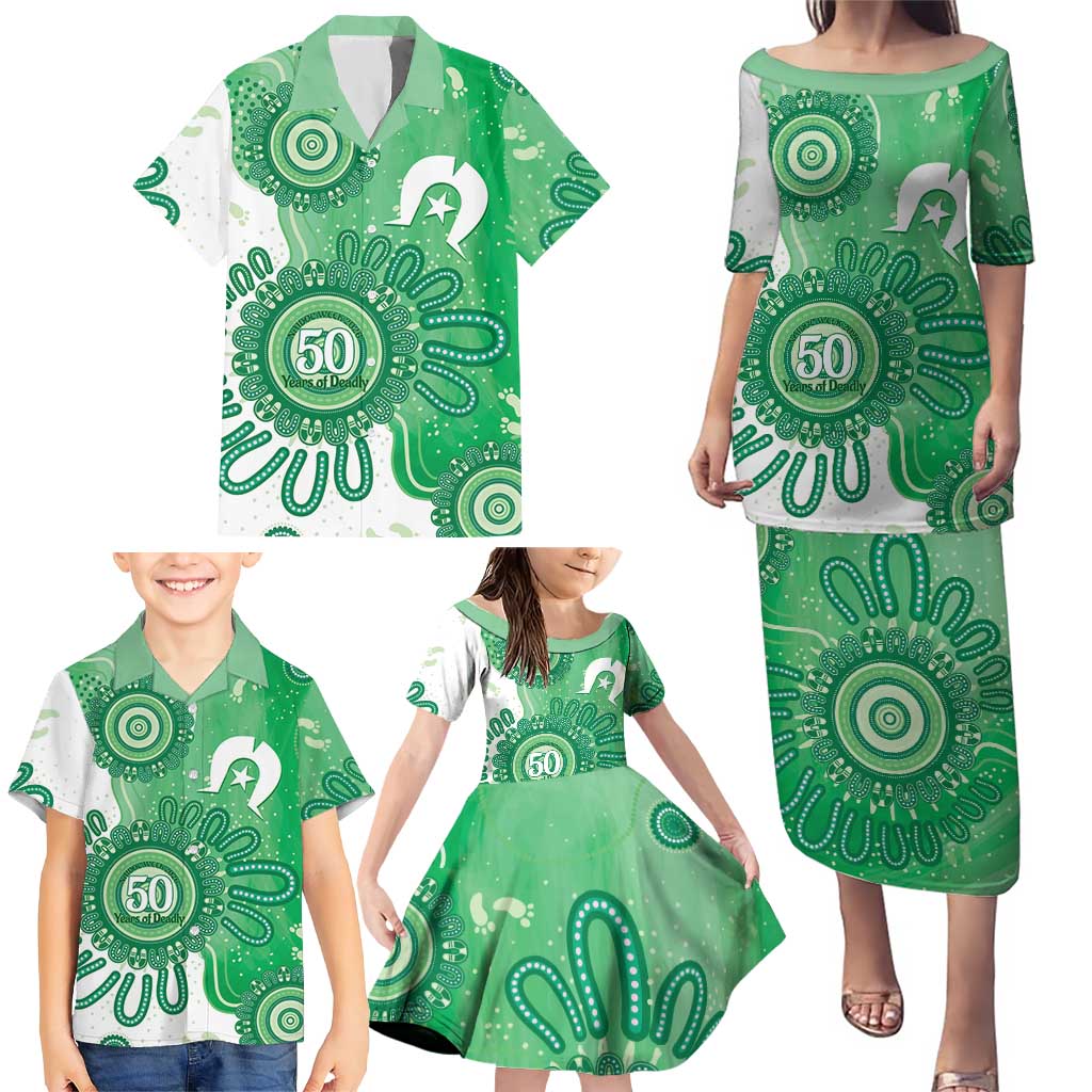 NAIDOC Week 2026 Family Matching Puletasi and Hawaiian Shirt 50 Years Deadly Dhari Green Aboriginal Art