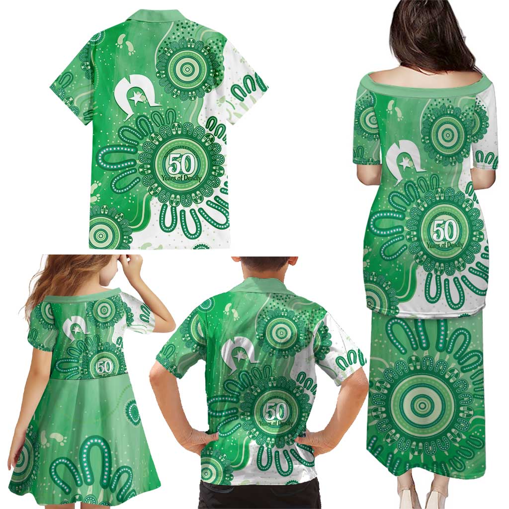 NAIDOC Week 2026 Family Matching Puletasi and Hawaiian Shirt 50 Years Deadly Dhari Green Aboriginal Art