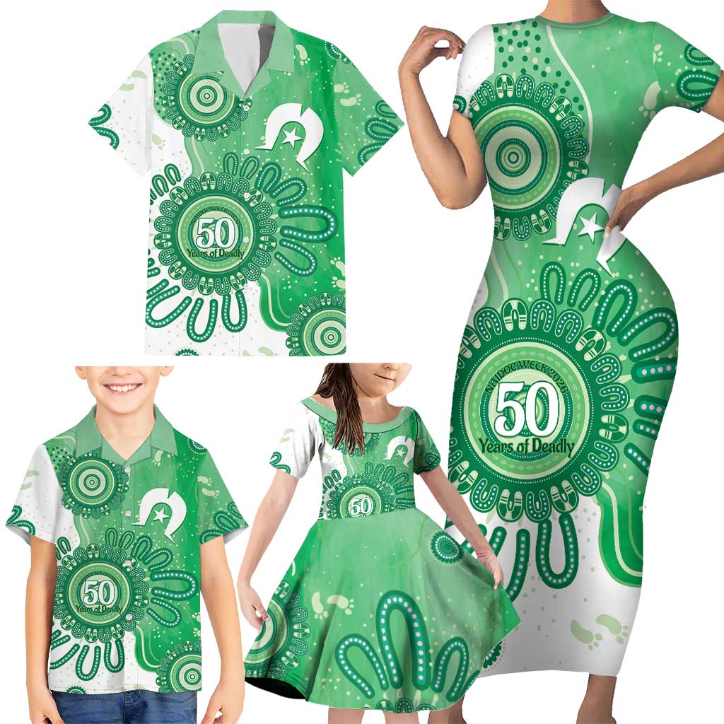 NAIDOC Week 2026 Family Matching Short Sleeve Bodycon Dress and Hawaiian Shirt 50 Years Deadly Dhari Green Aboriginal Art