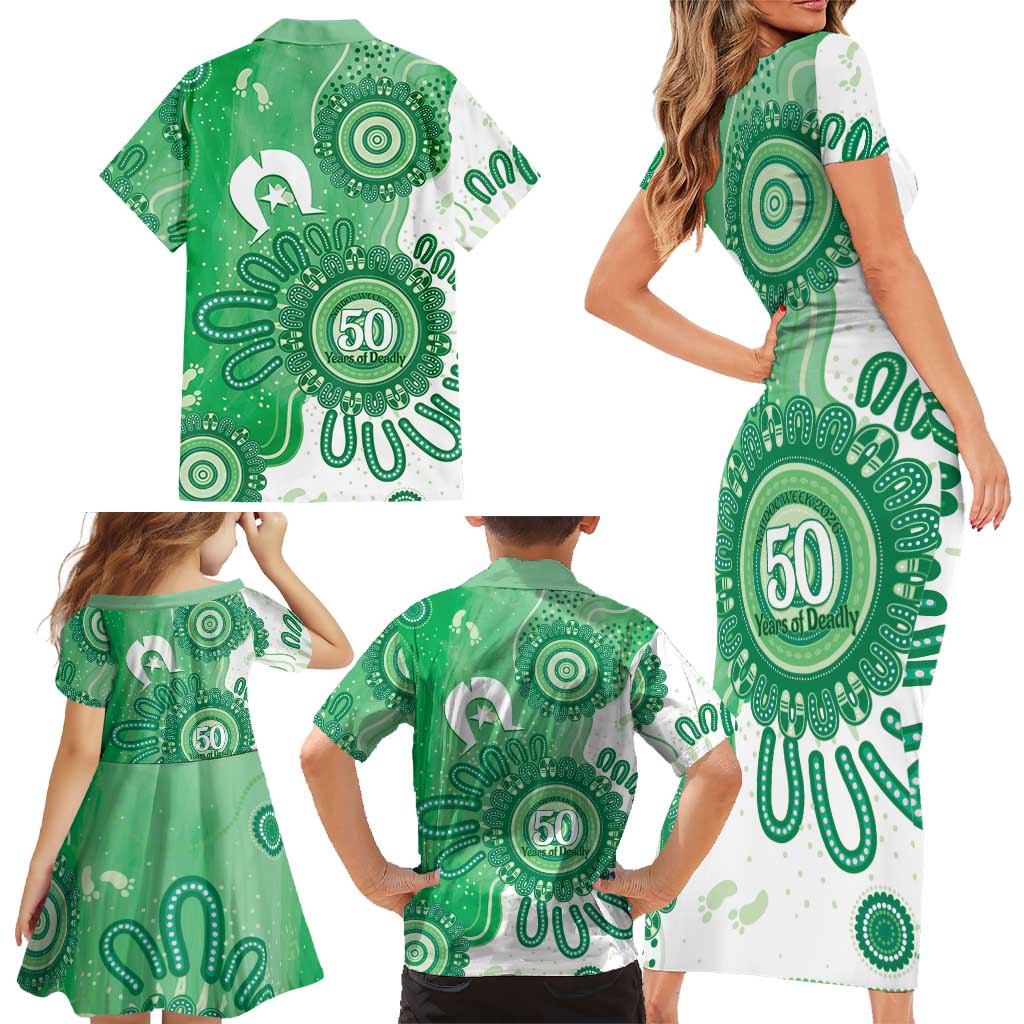 NAIDOC Week 2026 Family Matching Short Sleeve Bodycon Dress and Hawaiian Shirt 50 Years Deadly Dhari Green Aboriginal Art