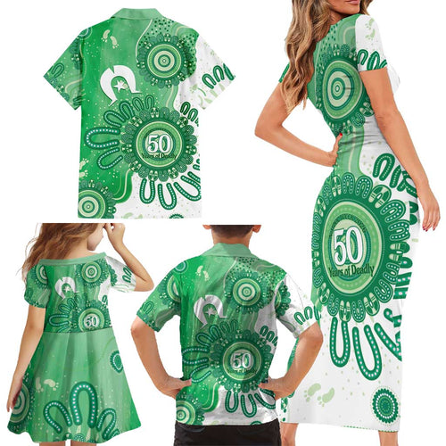 NAIDOC Week 2026 Family Matching Short Sleeve Bodycon Dress and Hawaiian Shirt 50 Years Deadly Dhari Green Aboriginal Art