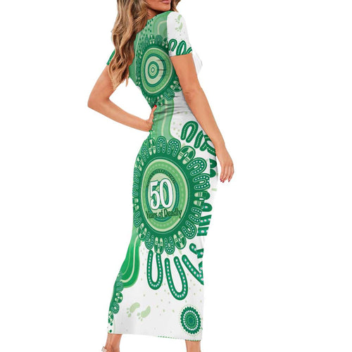 NAIDOC Week 2026 Family Matching Short Sleeve Bodycon Dress and Hawaiian Shirt 50 Years Deadly Dhari Green Aboriginal Art