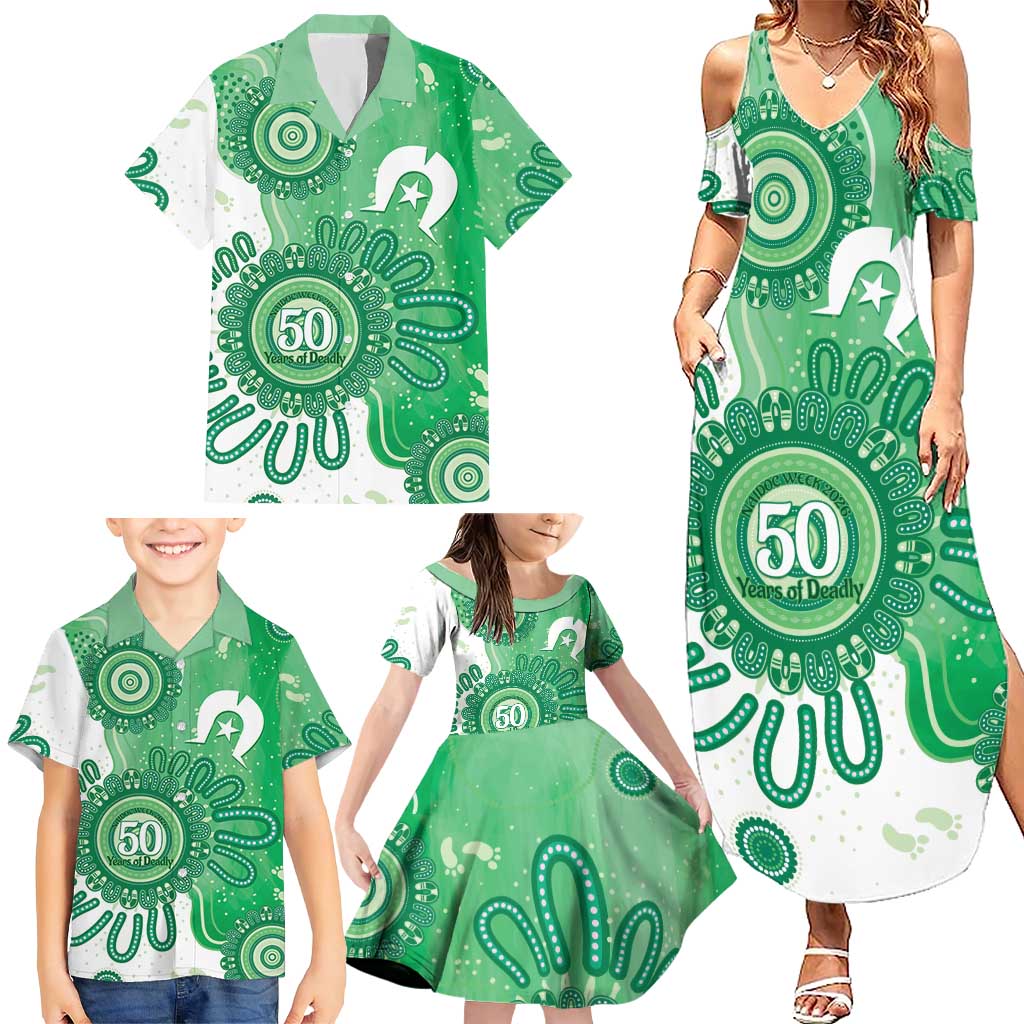 NAIDOC Week 2026 Family Matching Summer Maxi Dress and Hawaiian Shirt 50 Years Deadly Dhari Green Aboriginal Art