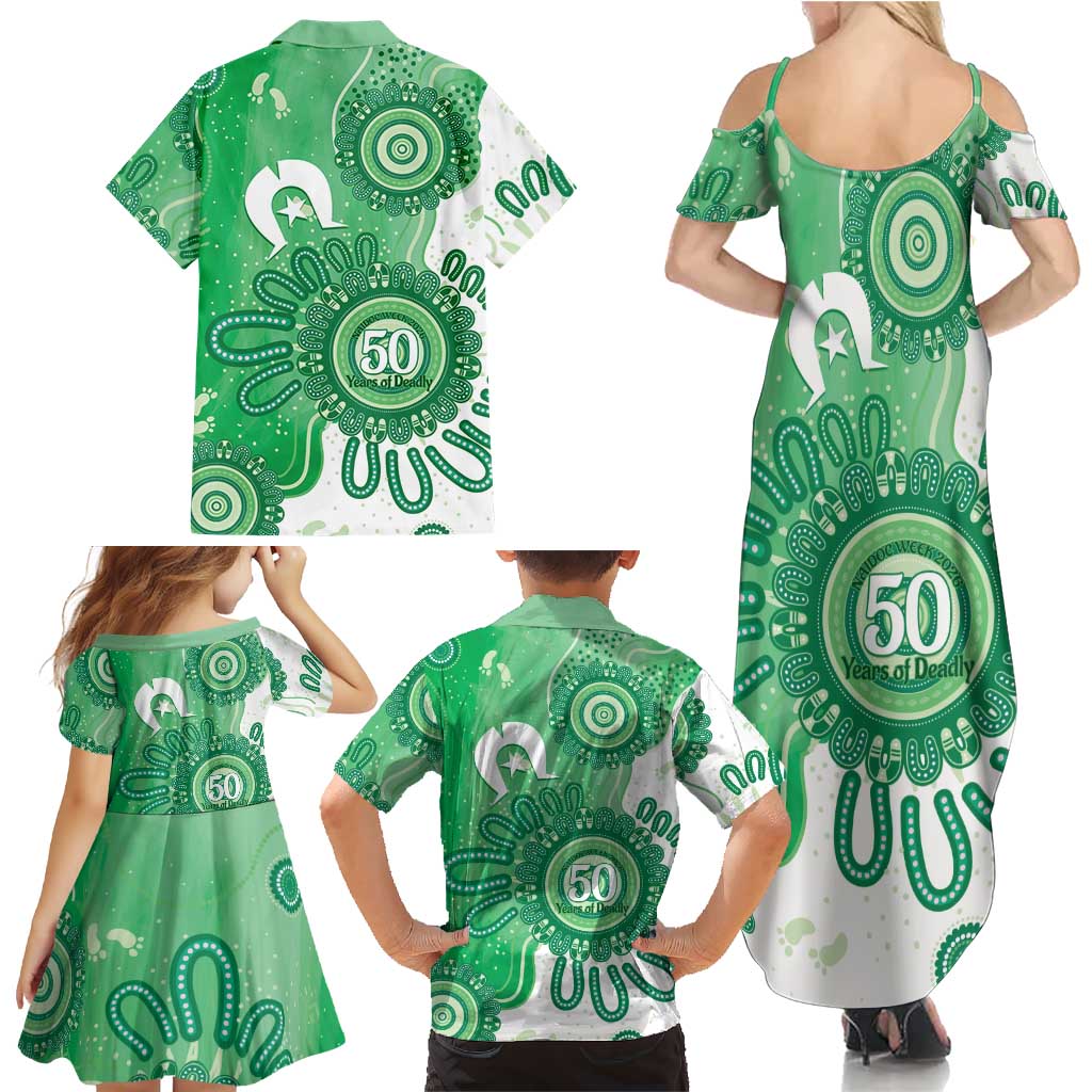 NAIDOC Week 2026 Family Matching Summer Maxi Dress and Hawaiian Shirt 50 Years Deadly Dhari Green Aboriginal Art