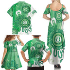 NAIDOC Week 2026 Family Matching Summer Maxi Dress and Hawaiian Shirt 50 Years Deadly Dhari Green Aboriginal Art