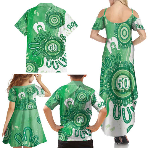 NAIDOC Week 2026 Family Matching Summer Maxi Dress and Hawaiian Shirt 50 Years Deadly Dhari Green Aboriginal Art
