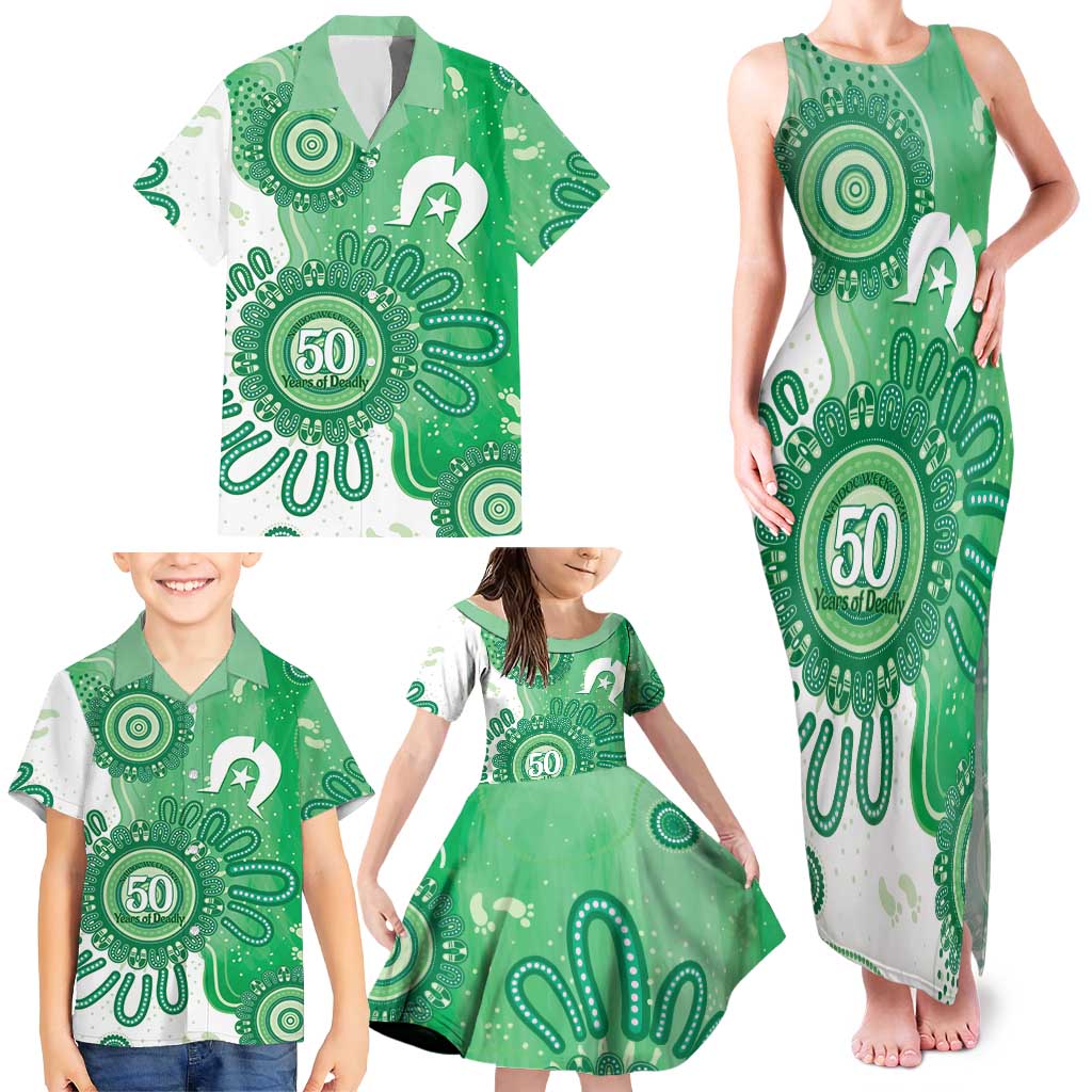 NAIDOC Week 2026 Family Matching Tank Maxi Dress and Hawaiian Shirt 50 Years Deadly Dhari Green Aboriginal Art