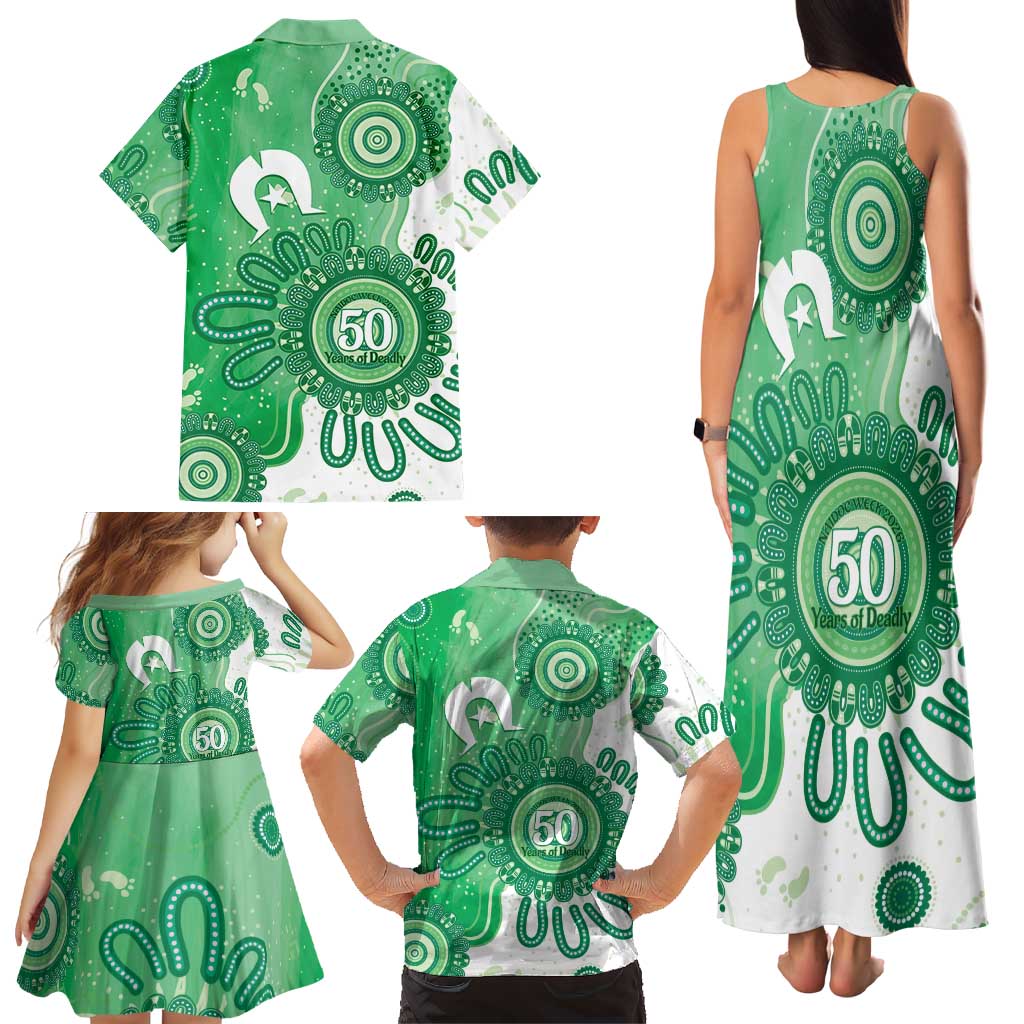 NAIDOC Week 2026 Family Matching Tank Maxi Dress and Hawaiian Shirt 50 Years Deadly Dhari Green Aboriginal Art