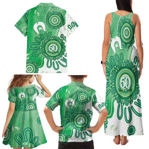 NAIDOC Week 2026 Family Matching Tank Maxi Dress and Hawaiian Shirt 50 Years Deadly Dhari Green Aboriginal Art