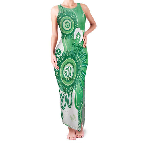 NAIDOC Week 2026 Family Matching Tank Maxi Dress and Hawaiian Shirt 50 Years Deadly Dhari Green Aboriginal Art