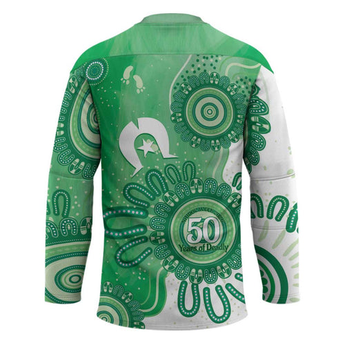 NAIDOC Week 2026 Hockey Jersey 50 Years Deadly Dhari Green Aboriginal Art