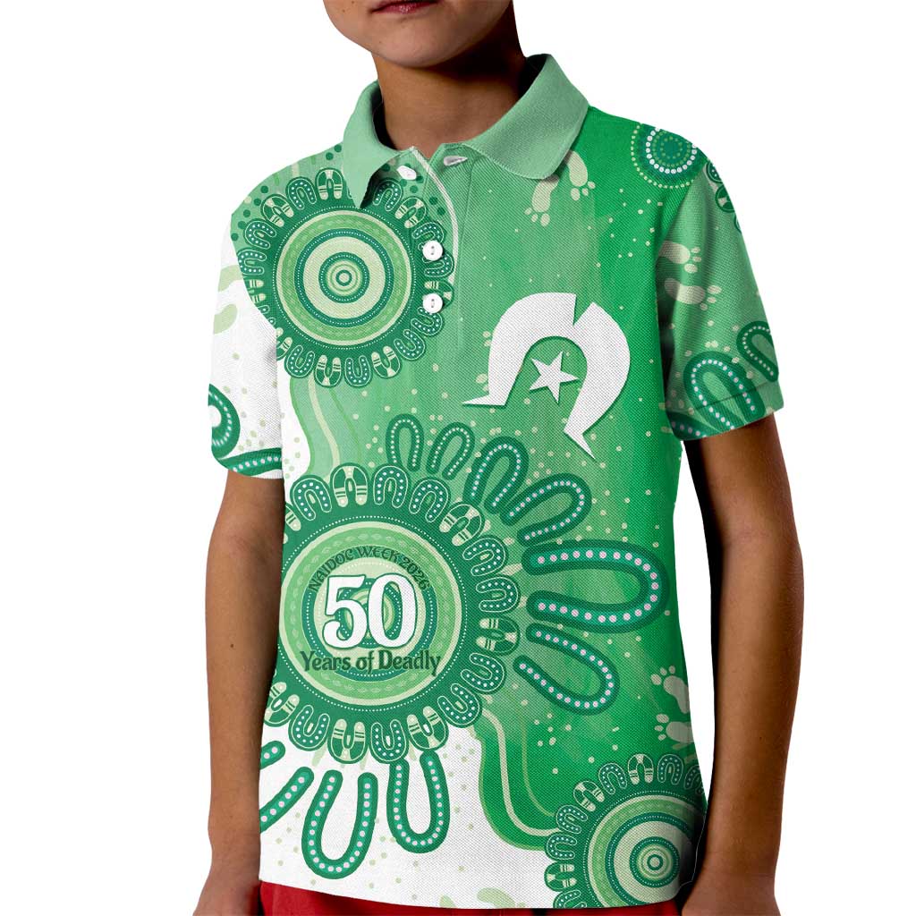 NAIDOC Week 2026 Kid Polo Shirt 50 Years Deadly Dhari Green Aboriginal Art