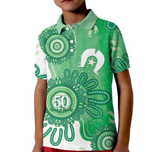 NAIDOC Week 2026 Kid Polo Shirt 50 Years Deadly Dhari Green Aboriginal Art