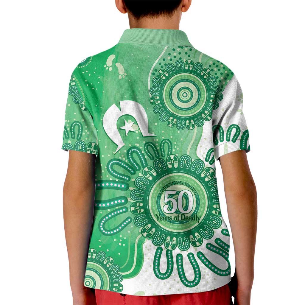 NAIDOC Week 2026 Kid Polo Shirt 50 Years Deadly Dhari Green Aboriginal Art