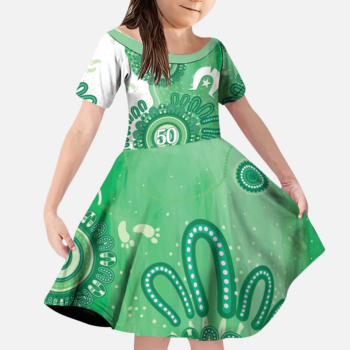 NAIDOC Week 2026 Kid Short Sleeve Dress 50 Years Deadly Dhari Green Aboriginal Art