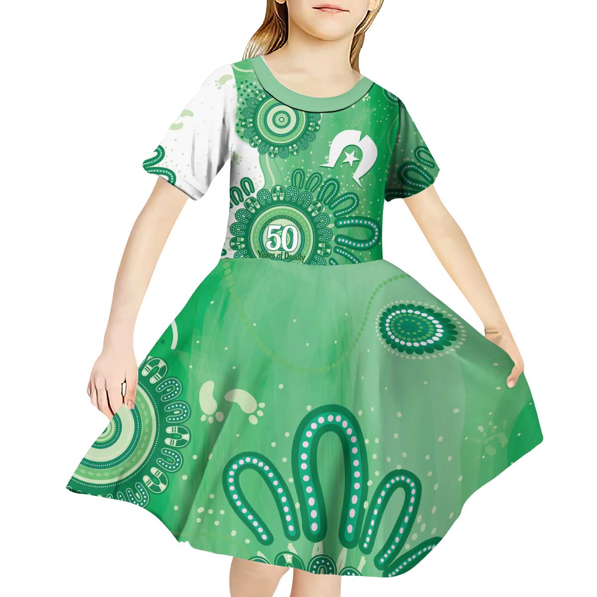 NAIDOC Week 2026 Kid Short Sleeve Dress 50 Years Deadly Dhari Green Aboriginal Art