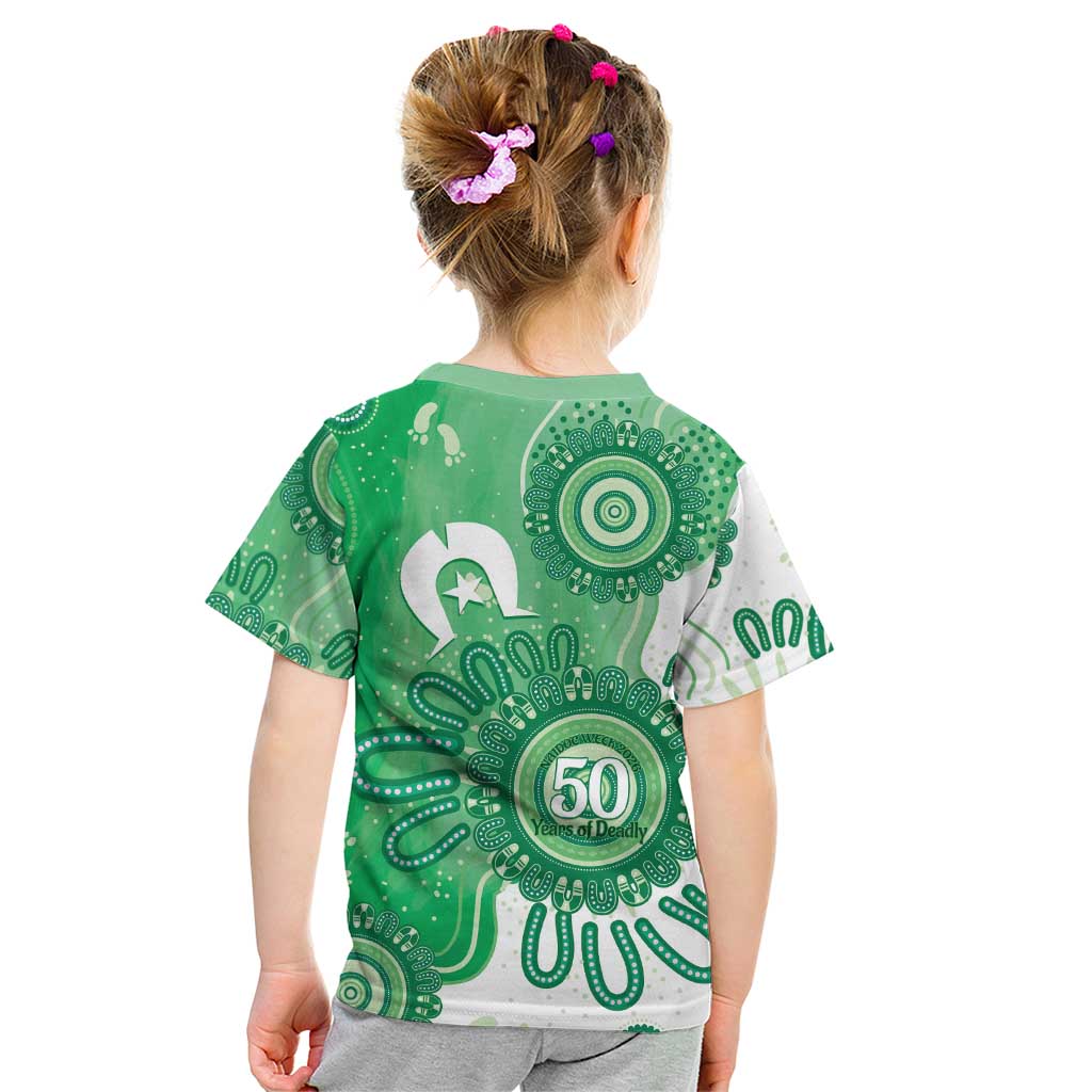 NAIDOC Week 2026 Kid T Shirt 50 Years Deadly Dhari Green Aboriginal Art