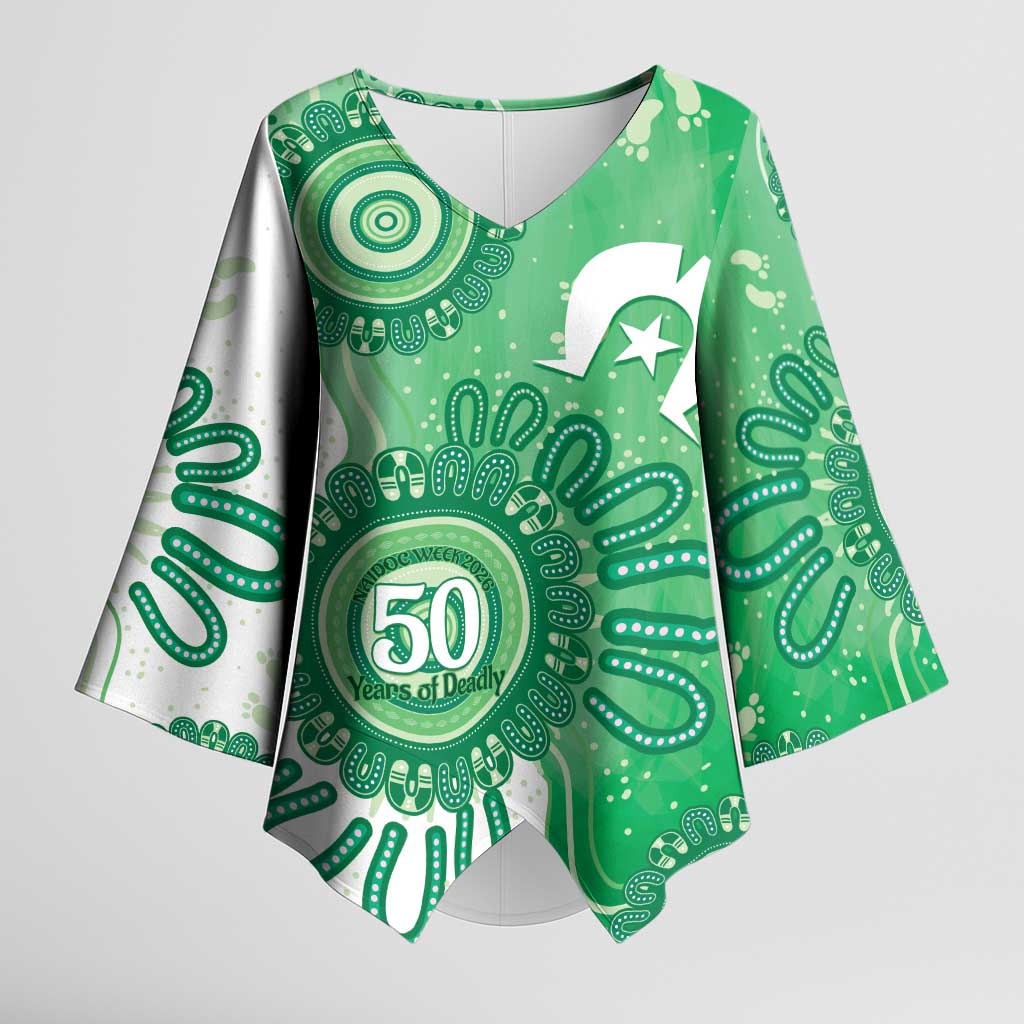 NAIDOC Week 2026 Kimono Sleeve Blouse 50 Years Deadly Dhari Green Aboriginal Art