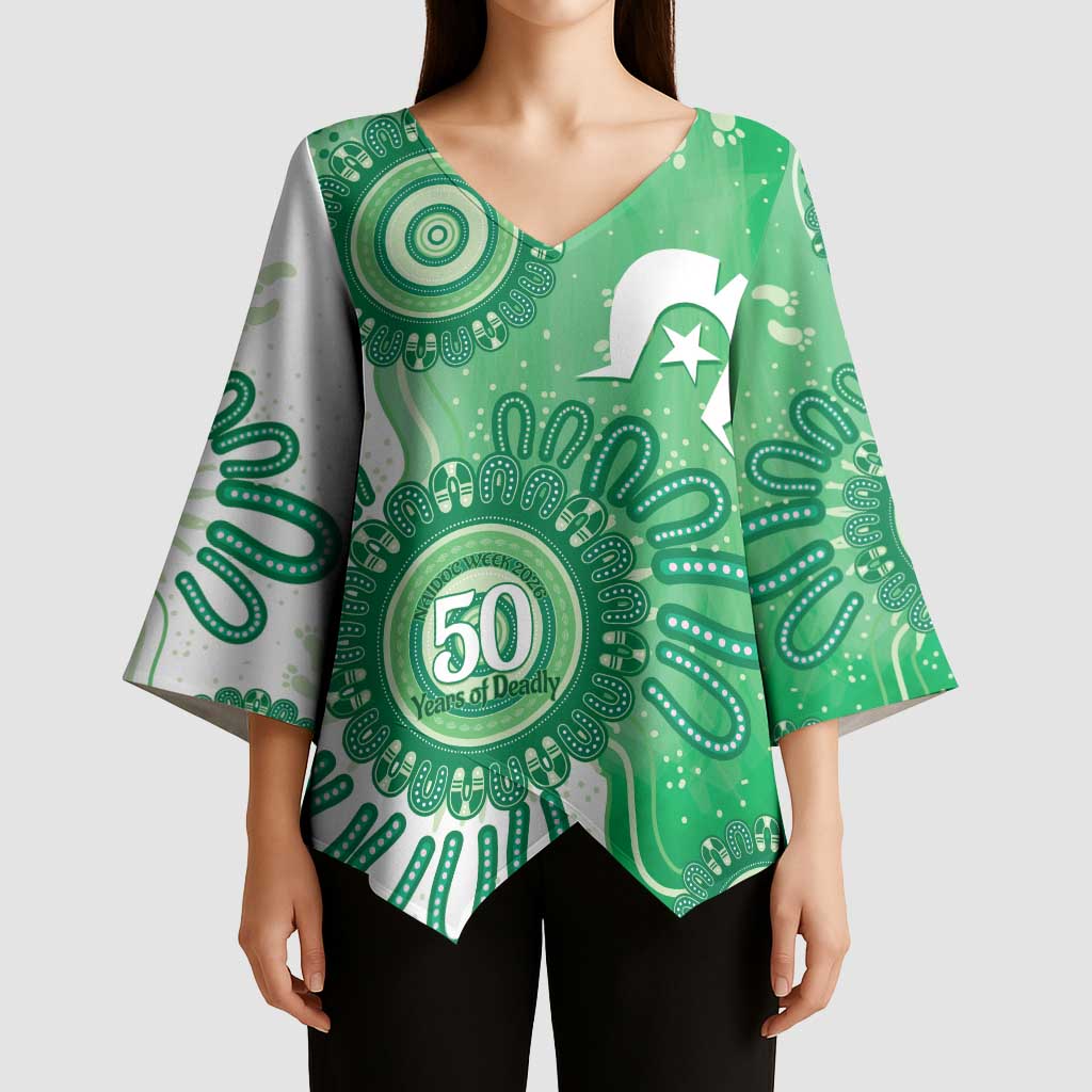 NAIDOC Week 2026 Kimono Sleeve Blouse 50 Years Deadly Dhari Green Aboriginal Art