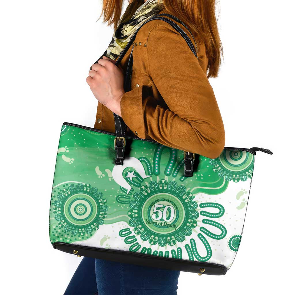 NAIDOC Week 2026 Leather Tote Bag 50 Years Deadly Dhari Green Aboriginal Art