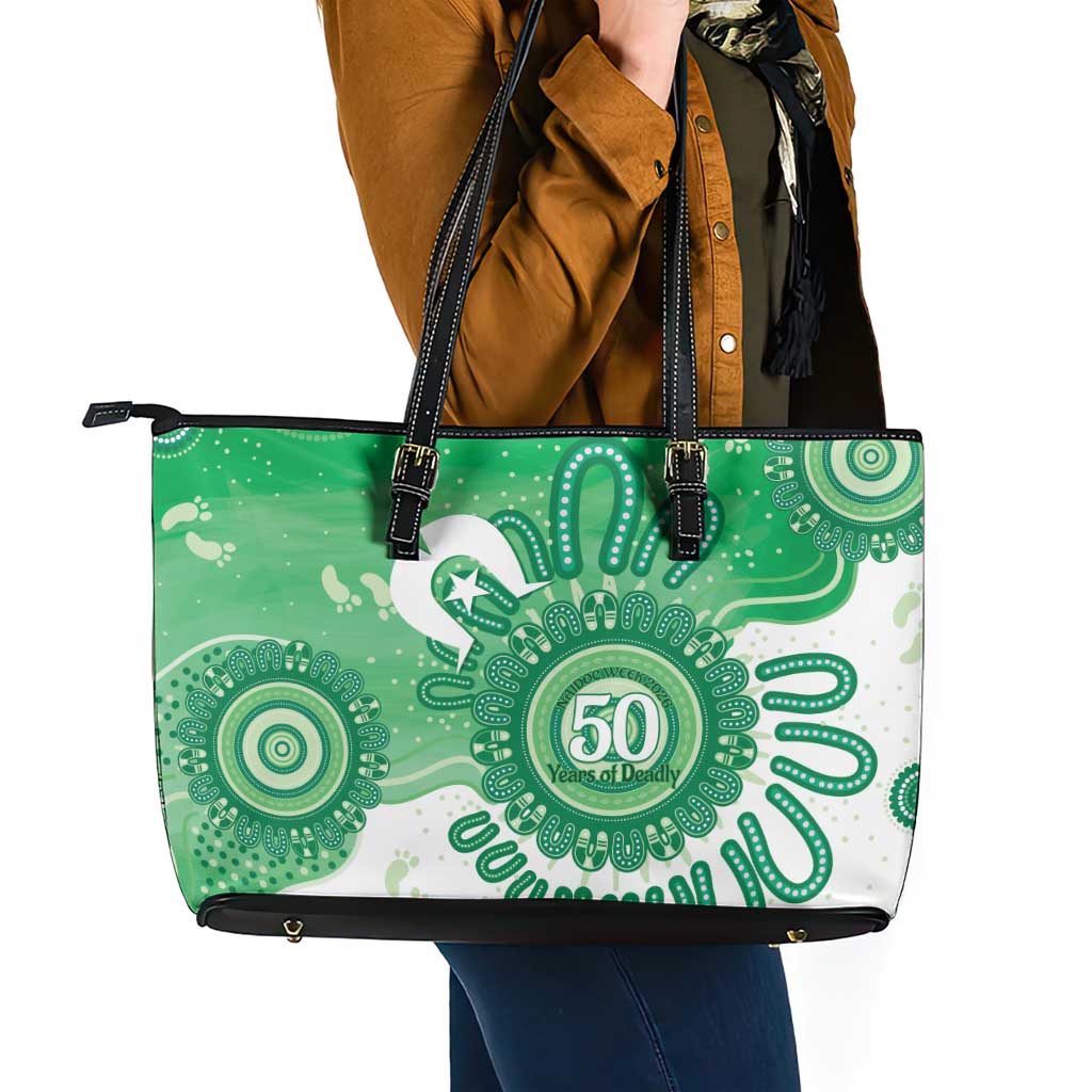 NAIDOC Week 2026 Leather Tote Bag 50 Years Deadly Dhari Green Aboriginal Art