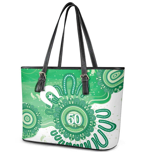 NAIDOC Week 2026 Leather Tote Bag 50 Years Deadly Dhari Green Aboriginal Art