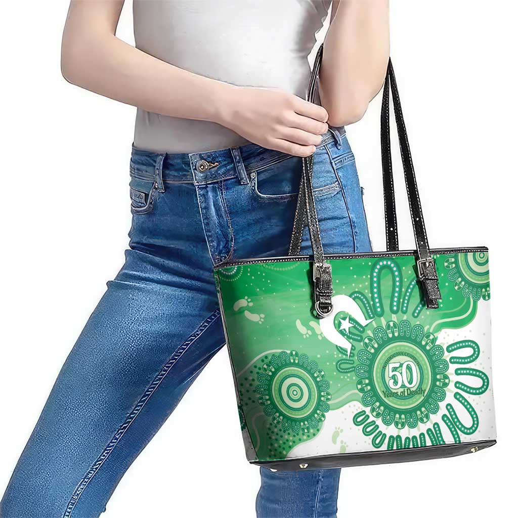 NAIDOC Week 2026 Leather Tote Bag 50 Years Deadly Dhari Green Aboriginal Art