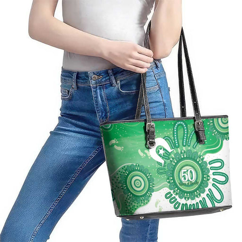 NAIDOC Week 2026 Leather Tote Bag 50 Years Deadly Dhari Green Aboriginal Art
